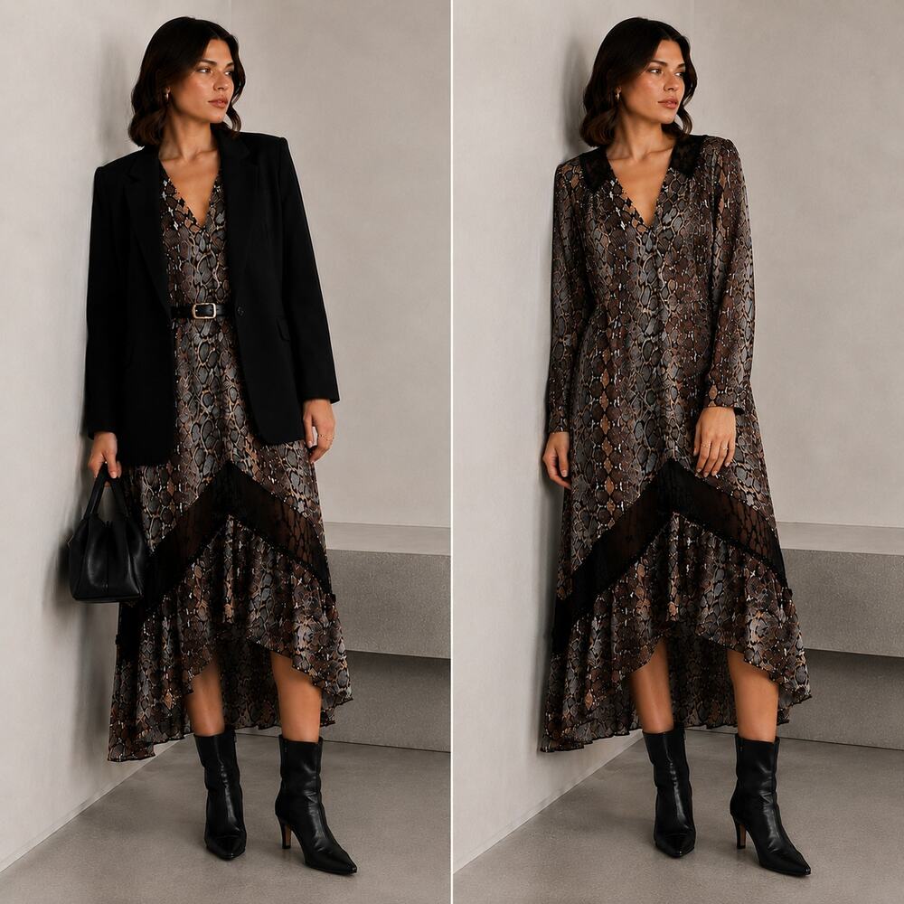 Topshop Snake Print Lace Trim Midi Dress Womens 6 Chiffon A-line Relaxed Long